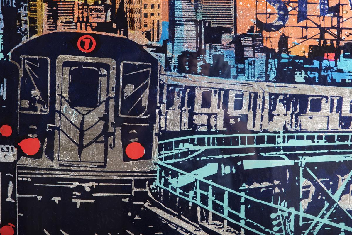 New York Subway Sandra Rauch Handsiebdruck, Malerei + Schlagmetall unter Acrylglas von der Gallerie EinBild EinRahmen